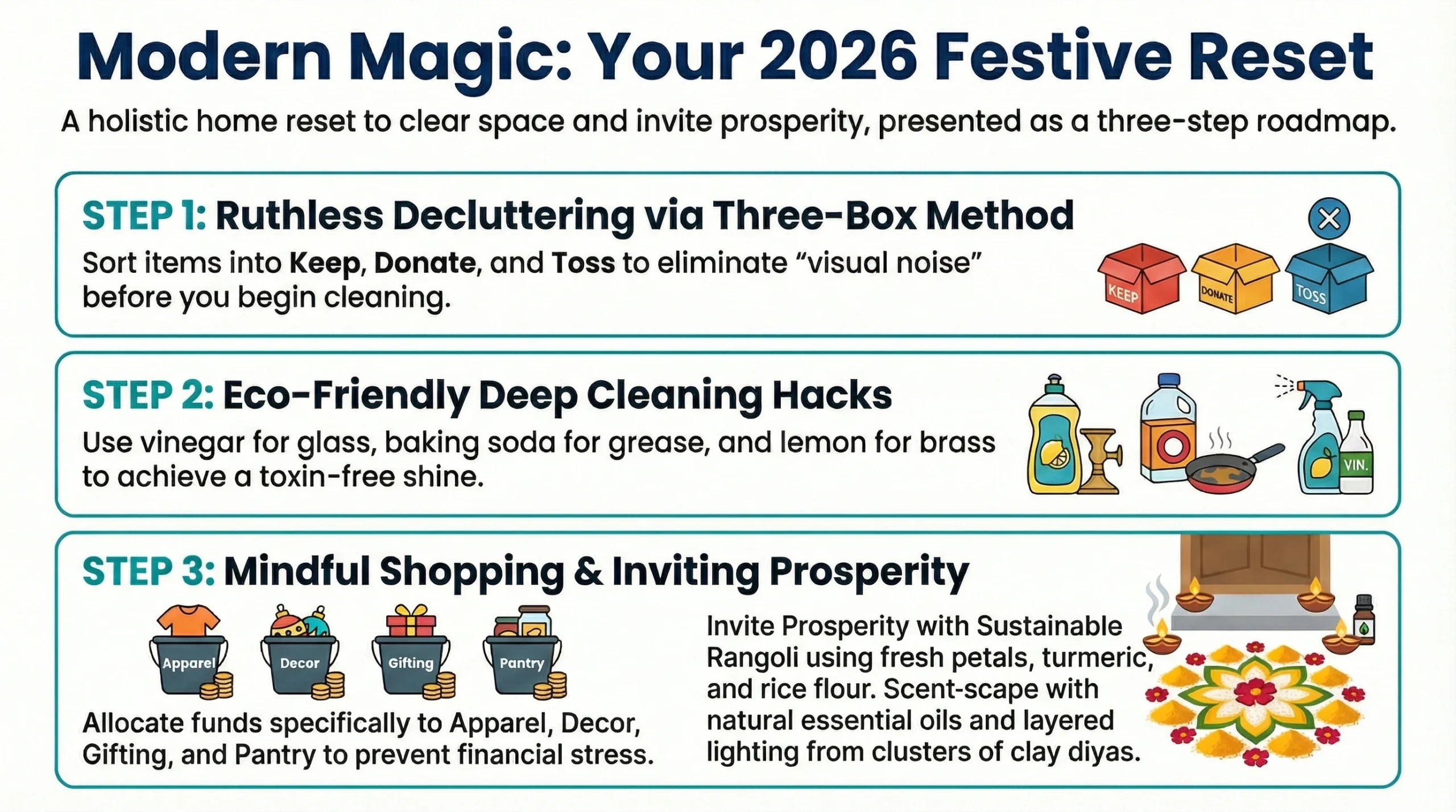 Pre-New Year preparations (Shopping, Rangoli, Cleaning)